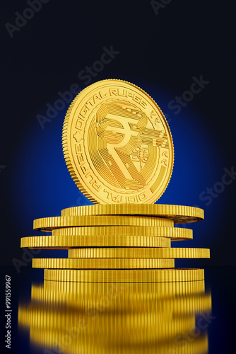 Indian Rupee Gold Coin Crypto Currency Digital Banking - 3D Illustration