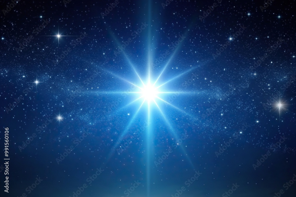 Obraz premium Bright star shining in the dark blue night sky, framing, shining, bright, religious, dark blue., Christian, nativity, miracle, night sky, wonder, glow,Star of Bethlehem, symbol, guidance