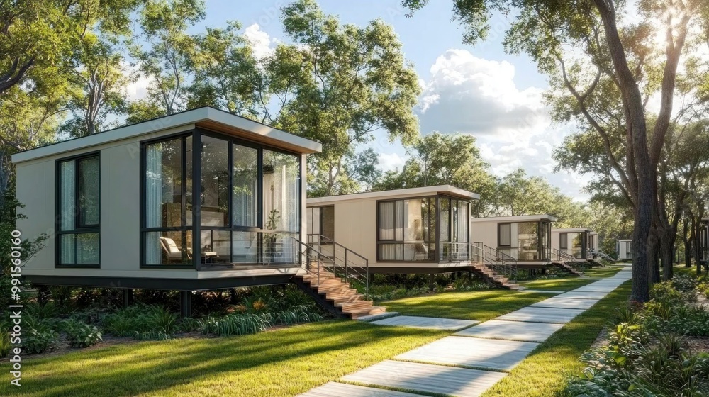 Modular white houses with stairs, raised above the ground, located in quiet, tree-lined community Modular white houses with stairs, raised above the ground, located in quiet, tree-lined community