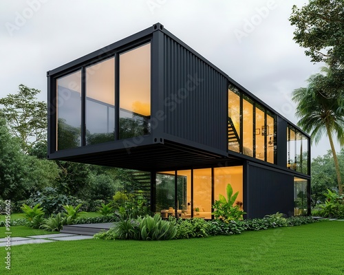 Modern house container with large glass windows and lush green surroundings, House Container, Sustainable living