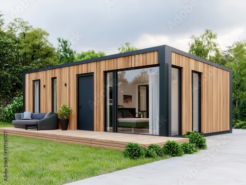 Container house with an open living space and wooden deck, House Container, Outdoor connection