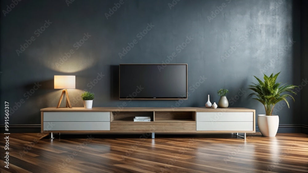 Sleek modern TV cabinet in empty room with dark background and wooden floor Sleek modern TV cabinet in empty room with dark background and wooden floor