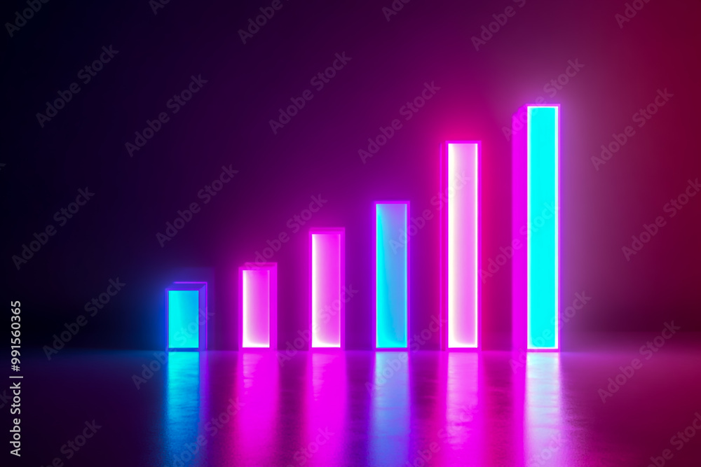 Abstract chart and bar graph with neon light on a pastel background.