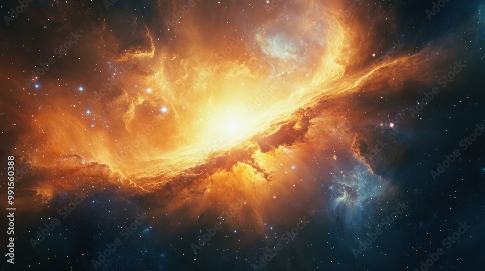 Obraz premium Bright nebula cloud expanding in space, with galaxies and stars forming, symbolizing the universe's creation