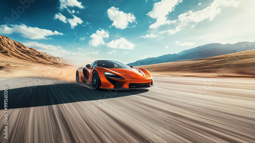 A stunning orange sports car speeds through a desert landscape under a bright blue sky, showcasing power and elegance. photo