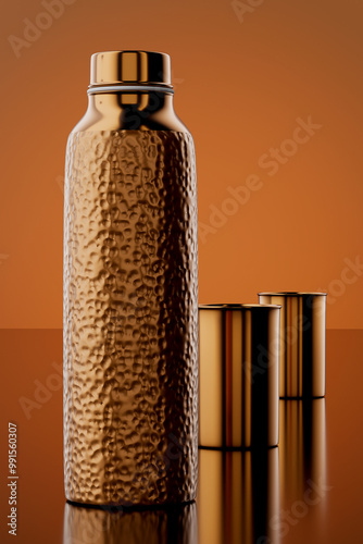 Traditional Hammered Copper Bottle and Glass - 3D Illustration Render