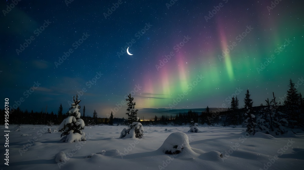 Starry Night Sky Over Snowy Landscape with Crescent Moon and Northern Lights Starry Night Sky Over Snowy Landscape with Crescent Moon and Northern Lights