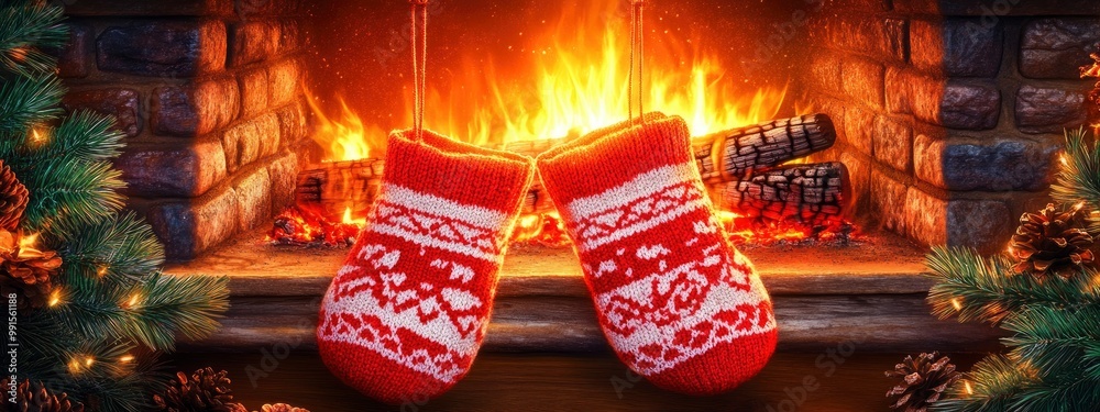 Naklejka premium A pair of mittens hanging by the fireplace, knitted with red and white patterns, soft orange glow from the fire