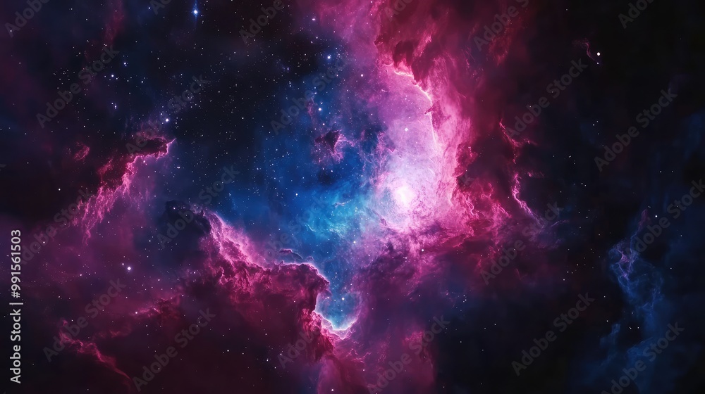 Fototapeta premium Nebula with vibrant pink and blue gases merging in deep space