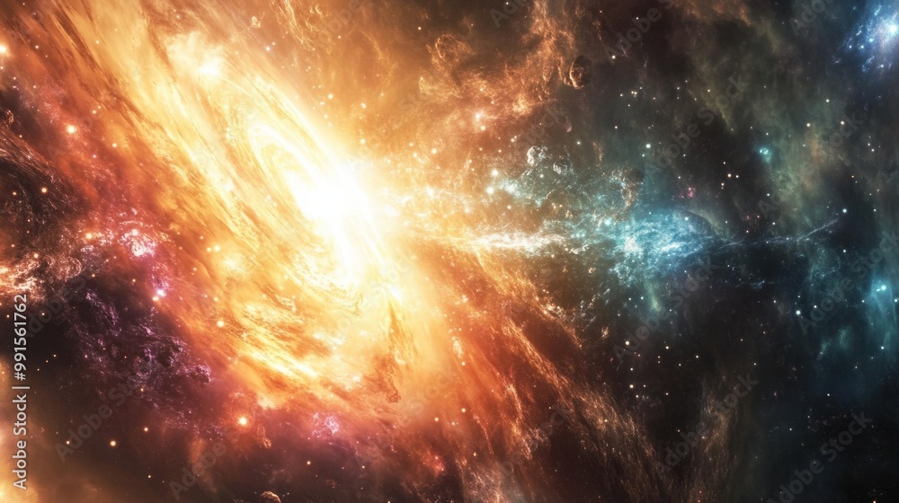 Colorful cosmic scene with gases, dust, and expanding galaxies, showcasing the energy of the Big Bang Colorful cosmic scene with gases, dust, and expanding galaxies, showcasing the energy of the Big Bang