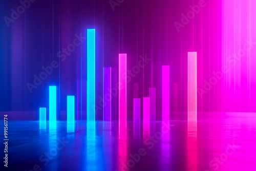 Abstract chart and bar graph with neon light on a pastel background.