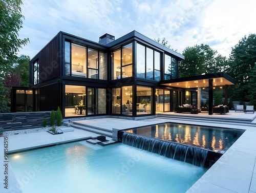 Modern container home with a waterfall feature in the backyard, House Container, Luxury retreat