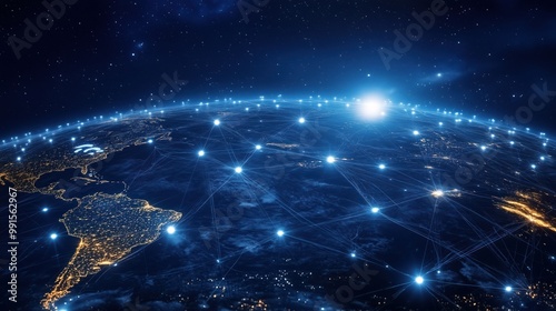 A view of Earth from space showing glowing connection points across continents, symbolizing interconnectedness. Highlights network and technology themes in a global context.