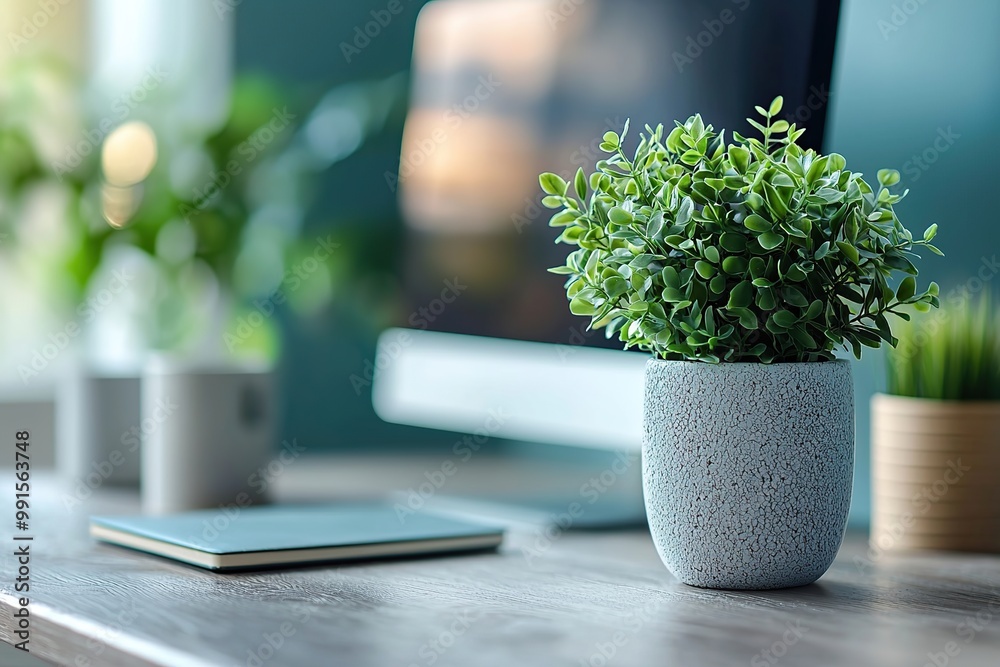 A close-up of a small green plant in a gray pot on a wooden table.