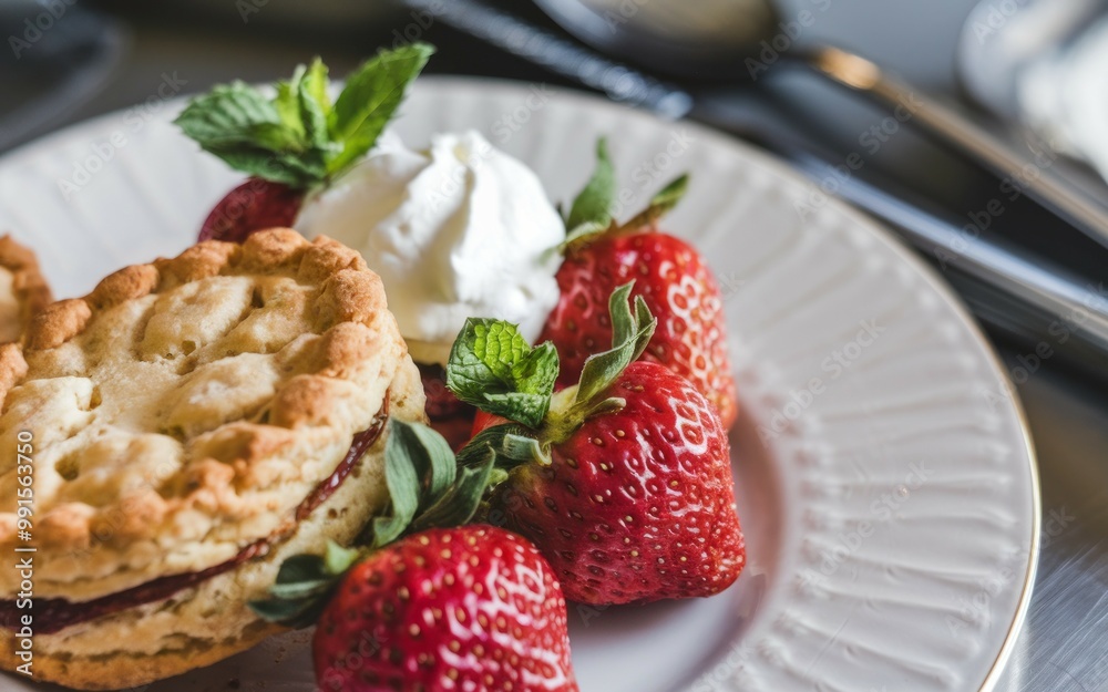Strawberry cream scone. Freshly baked scone topped with whipped cream and fresh strawberries. Perfect for afternoon tea or a special treat. Strawberry cream scone. Freshly baked scone topped with whipped cream and fresh strawberries. Perfect for afternoon tea or a special treat.