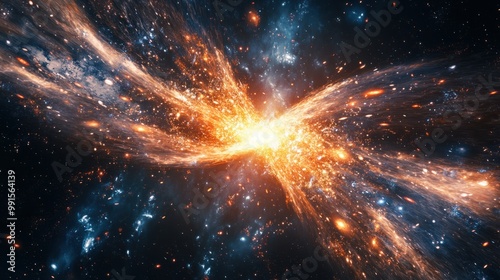 Cosmic explosion with bright light and expanding galaxies, symbolizing the birth of the universe