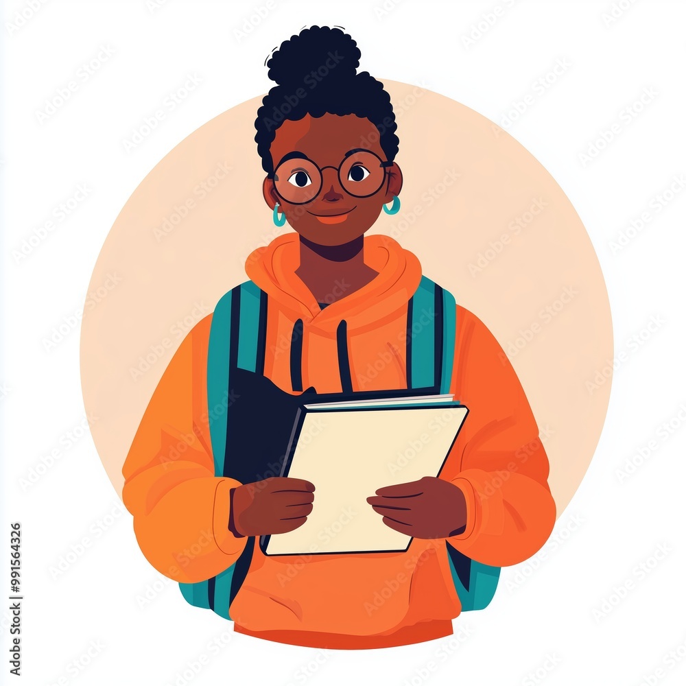 A smiling student in casual attire with a backpack holds a notebook on a bright background A smiling student in casual attire with a backpack holds a notebook on a bright background