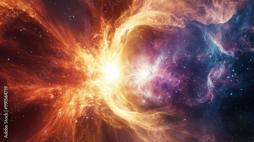 Cosmic light and energy waves expanding outward, symbolizing the universe's explosive birth after the Big Bang