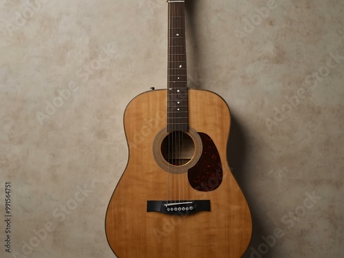 Brown wood acoustic guitar on white background.