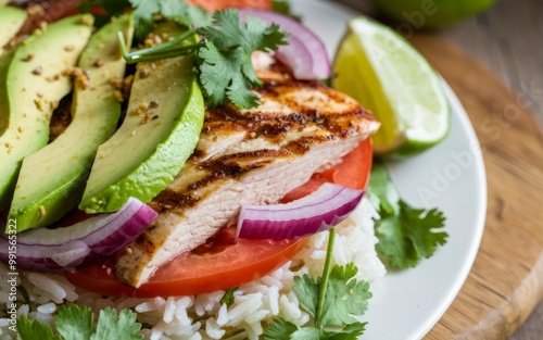 Grilled chicken avocado salad. Grilled chicken breast, avocado slices, red onion, tomato, and cilantro served on a bed of rice.