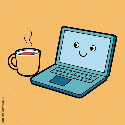 Smiling Laptop with Coffee Mug on Table