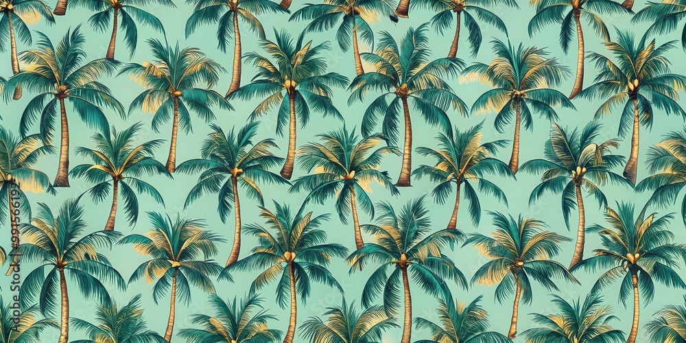 Obraz premium Retro seamless pattern featuring palm trees , vintage, tropical, nostalgia, retro, repeating, design, wallpaper, fashion, 1950s