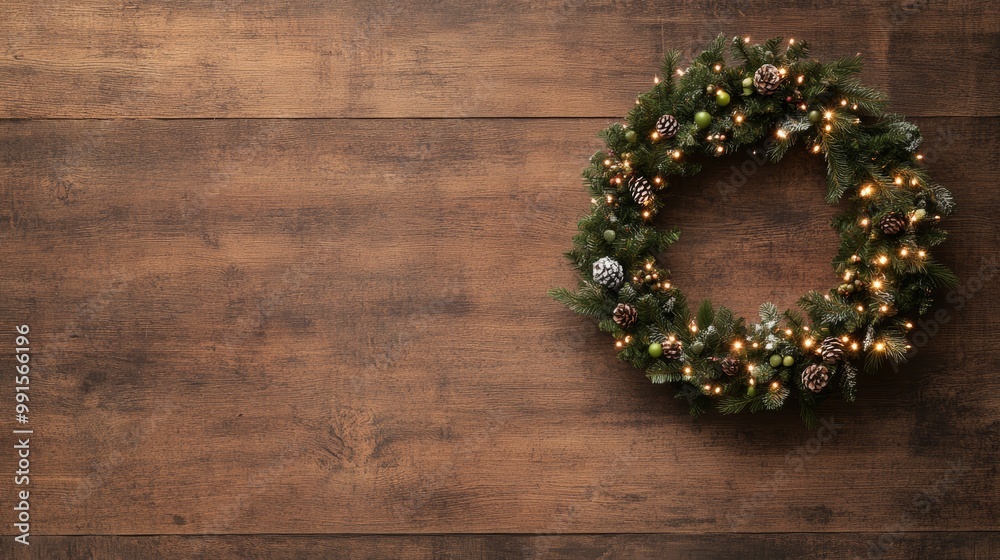 A beautifully decorated Christmas wreath adorned with lights and natural elements, perfect for festive home decoration. A beautifully decorated Christmas wreath adorned with lights and natural elements, perfect for festive home decoration.