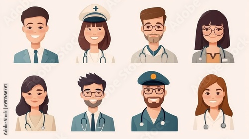 A collection of diverse healthcare professionals portrayed in a vibrant and modern style. Perfect for medical-themed projects. photo