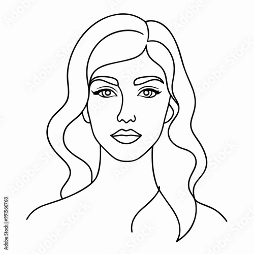 Vector illustration of a beautiful girl with wavy hair and a confident expression in a minimalist style