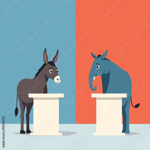 A donkey and elephant debating, representing political parties.