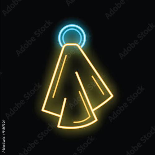 Yellow neon icon of a clean towel hanging on a round holder, glowing on a black background