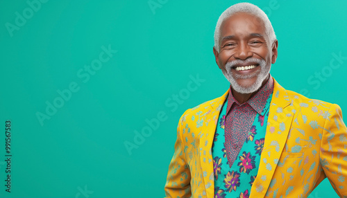 Retrato de um homem idoso alegre em traje vibrante Com um sorriso confiante Contra um fundo limpo Transmitindo positividade e envelhecimento ativo. photo