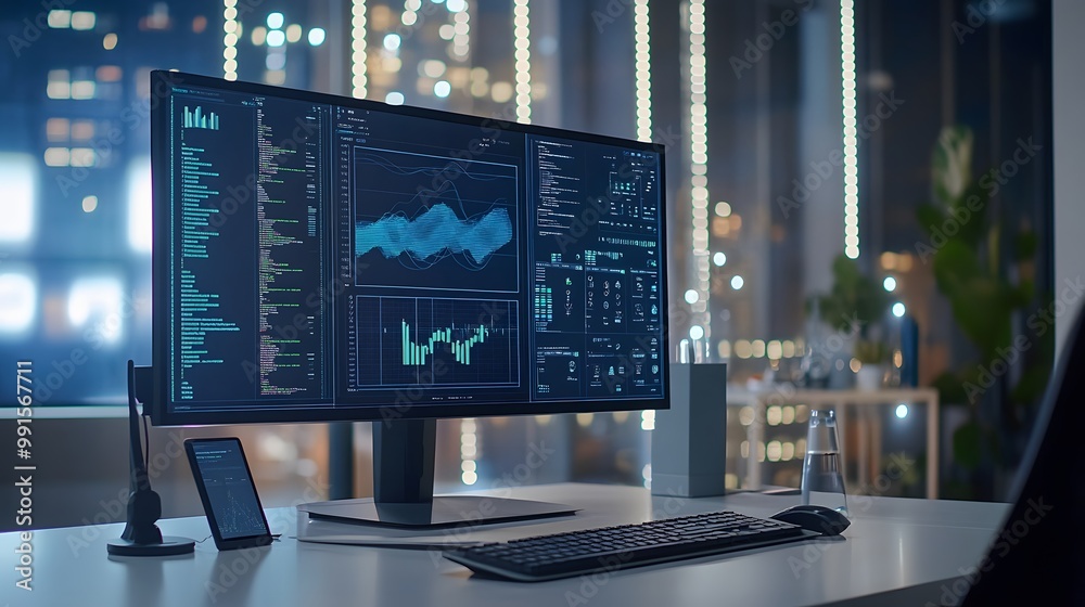 Computer Displaying Charts, Graphs, and Code on a Desk in a Modern Office Computer Displaying Charts, Graphs, and Code on a Desk in a Modern Office