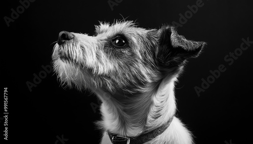 Retrato de um cão terrier olhando para cima. photo