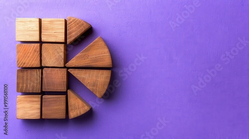 Colorful wooden blocks forming a geometric bar chart shape with purple background. Concept focuses on growth, analysis, performance tracking, ideal for business strategy and analytics representation.