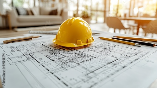 A close-up of an architectural blueprint with a bright yellow hard hat sitting on top, surrounded by pencils and drafting tools. photo