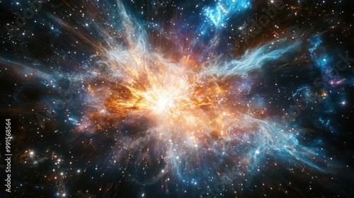 Exploding stars and supernovas in a vast cosmic scene, symbolizing the energy and expansion of the universe photo