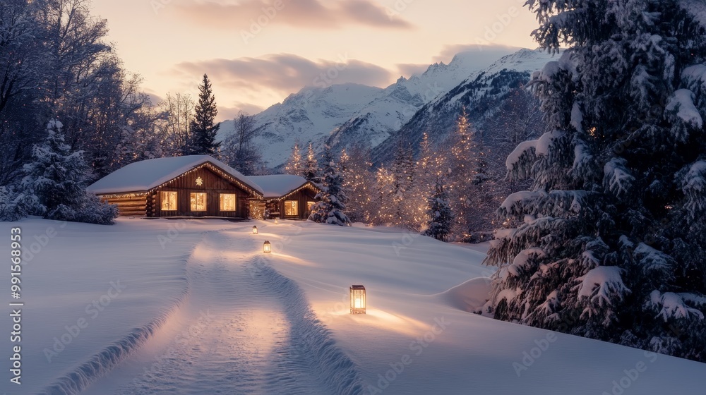 A serene winter scene featuring a cozy cabin, snow-covered landscape, and twilight mountains, creating a peaceful atmosphere. A serene winter scene featuring a cozy cabin, snow-covered landscape, and twilight mountains, creating a peaceful atmosphere.