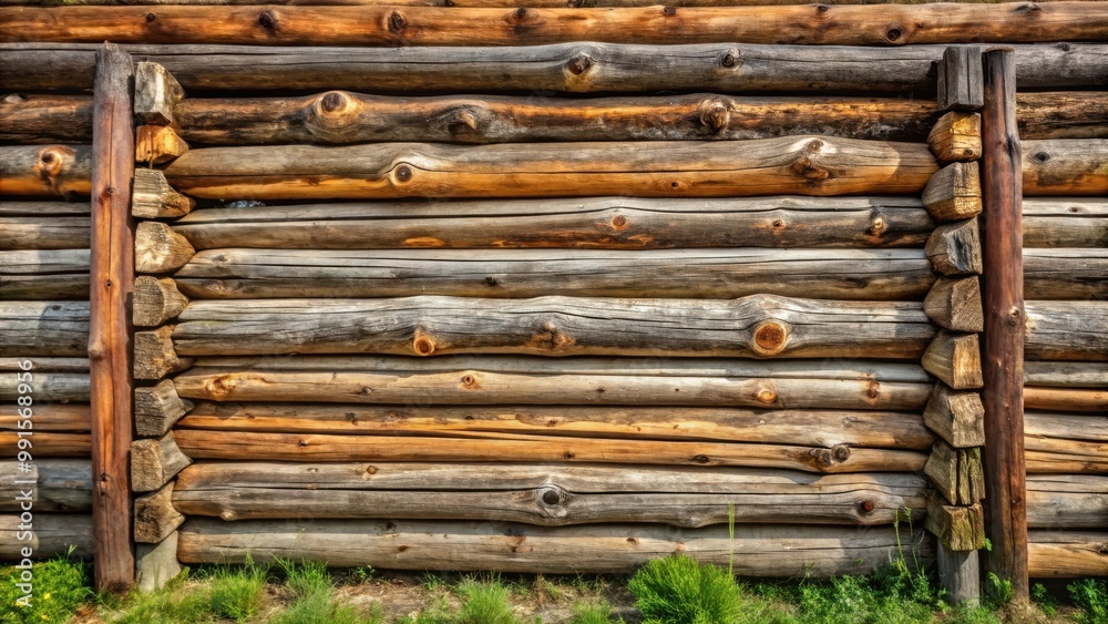Rustic Old Wooden Wall Assembled of Beams and Logs for Historical House Fence Security Rustic Old Wooden Wall Assembled of Beams and Logs for Historical House Fence Security