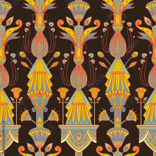 Seamless vector pattern of ancient Egyptian lotus flower. Repeating background. Retro hand drawn vector repeating illustration in earthy colors.