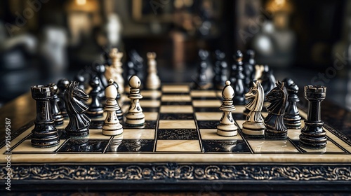 Closeup of a chessboard with black and white pieces, showing a knight, a rook, and a pawn.