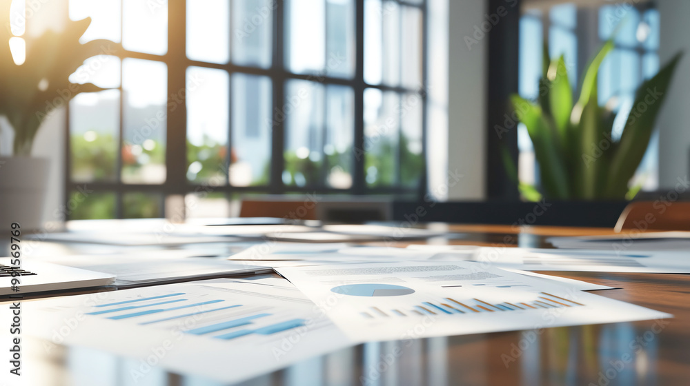 Business plan documents spread across a modern office table, showcasing company growth ideas