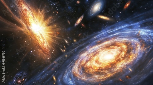 Galaxies and stars expanding outward with cosmic radiation, representing the aftermath of the Big Bang