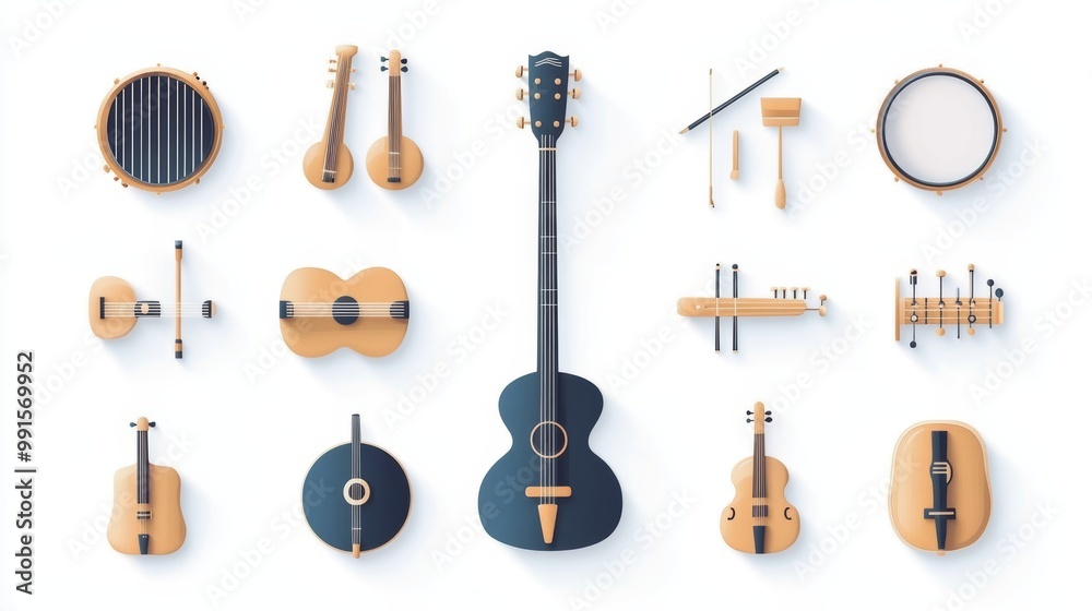 An arrangement of various musical instruments on a white background, showcasing creativity and harmony in music. An arrangement of various musical instruments on a white background, showcasing creativity and harmony in music.
