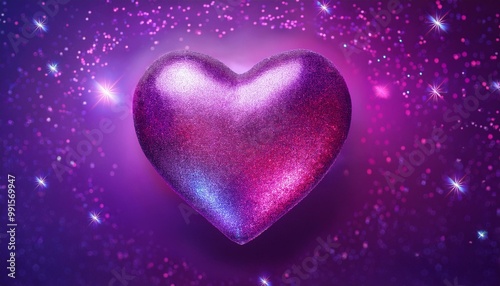 A luminous heart in hues of magenta and lavender, embellished with glimmers, set upon a violet background