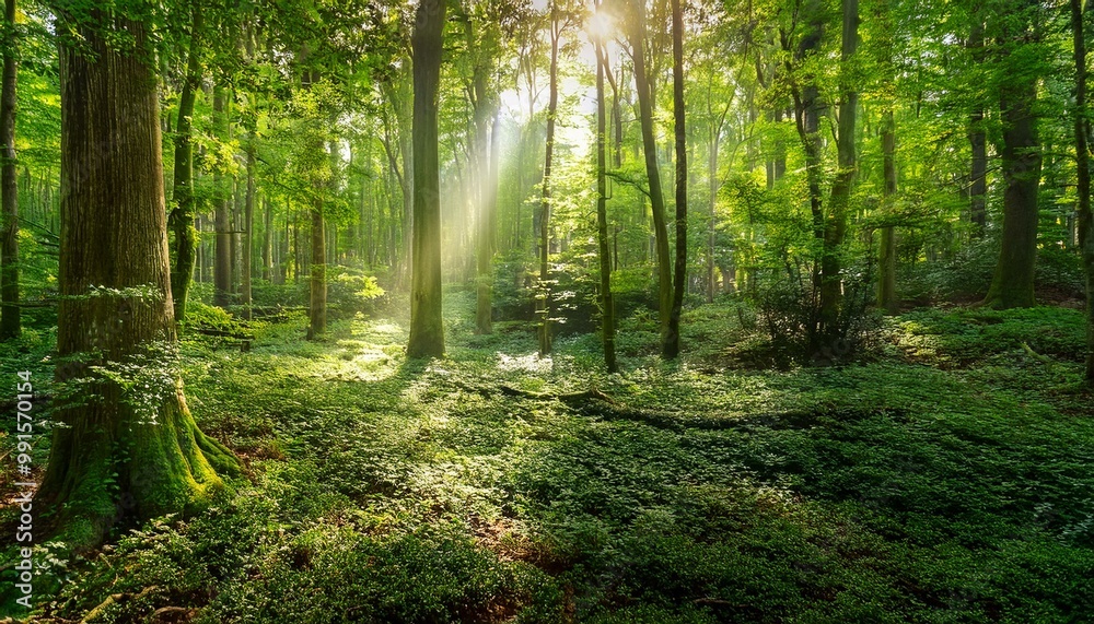 custom made wallpaper toronto digitalA lush and lively woodland where beams of sunlight filter through the dense canopy of green leaves