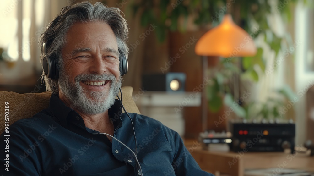 Happy man with gray hair and beard, wearing headphones, smiling while listening to music at home with a warm, cozy atmosphere. Happy man with gray hair and beard, wearing headphones, smiling while listening to music at home with a warm, cozy atmosphere.