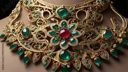 A Mughal-style necklace with intricate filigree work, adorned with rubies and emeralds, perfect for Traditional Indian jewelry