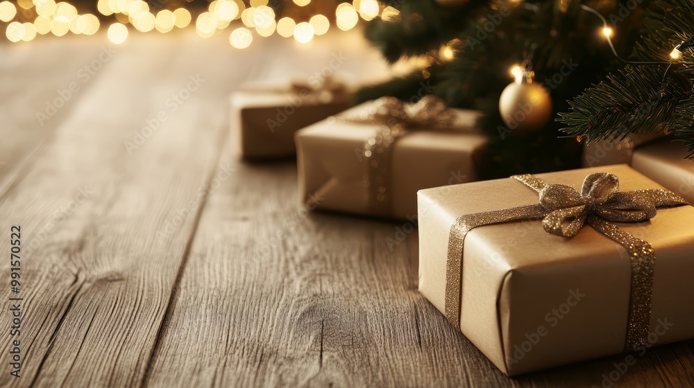 Festive holiday gifts wrapped in brown paper, adorned with ribbons, placed near a beautifully decorated Christmas tree. Festive holiday gifts wrapped in brown paper, adorned with ribbons, placed near a beautifully decorated Christmas tree.