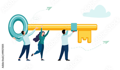Protection of finances. Business, bank. Workers man and woman with a key go, lock and protect the money. Key, lock, people work for financial development, profit, banner, green. Vector illustration